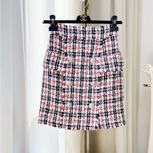 Authentic Balmain Red and Blue Tweed Mini Skirt